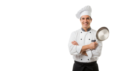 A smiling chef in uniform confidently poses with arms crossed while holding a skillet in a commercial kitchen setting.