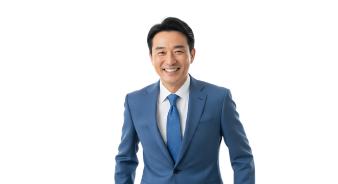 A smiling Asian man in a blue suit exudes confidence and professionalism against a solid background, perfect for business use.