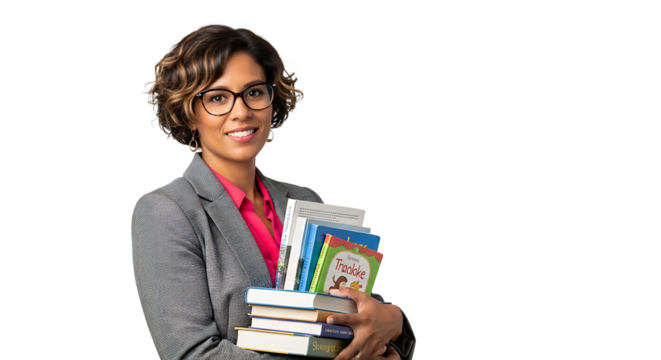 Confident educator holding books in her arms, ready to teach and inspire students in their academic journey.