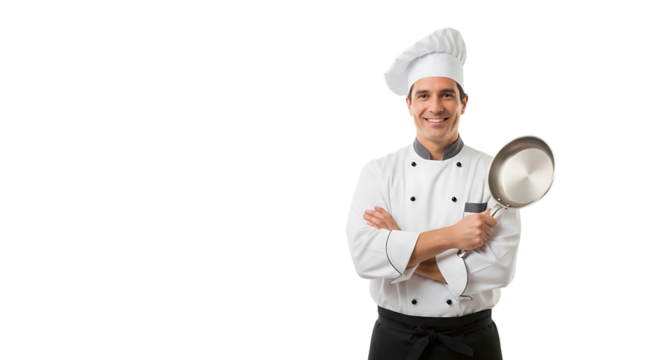 A smiling chef in uniform confidently poses with arms crossed while holding a skillet in a commercial kitchen setting.