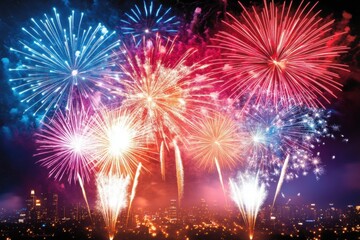 Fototapeta premium Fireworks Extravaganza: A vibrant burst of colors illuminates the night sky, showcasing an array of fireworks exploding in a dazzling display of light and celebration.