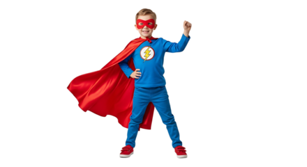 A young boy in a blue suit, red mask, and red cape dressed as a superhero with his fist up in the air, looking powerful.