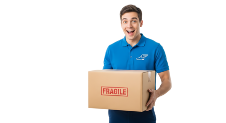Cheerful delivery guy in a blue shirt with a winged shoe logo holding a fragile box. His expression is one of pure joy.