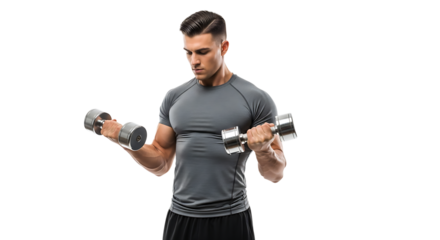 Focused man in a gray shirt lifting dumbbells against a black background, concentrating on building strength and fitness.