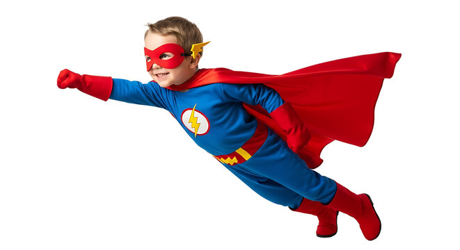 Dynamic superhero kid soars in blue suit, red mask, cape, boots, capturing spirit of childhood and imaginative adventures. - Powered by Adobe