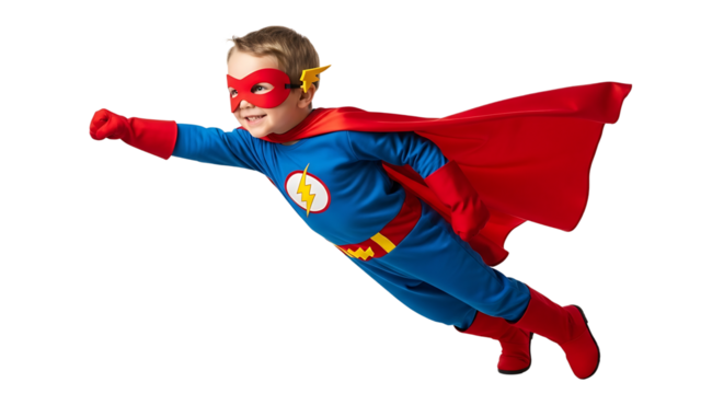 Dynamic superhero kid soars in blue suit, red mask, cape, boots, capturing spirit of childhood and imaginative adventures.