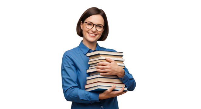 A smiling woman wearing glasses holds a stack of books in her arms, embodying knowledge and a passion for reading.