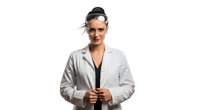 A scientist in a lab coat and safety glasses stands confidently against a dark backdrop, ready to conduct her experiments.