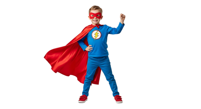 A young boy in a blue suit, red mask, and red cape dressed as a superhero with his fist up in the air, looking powerful.