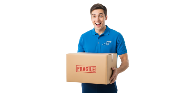 Cheerful delivery guy in a blue shirt with a winged shoe logo holding a fragile box. His expression is one of pure joy.