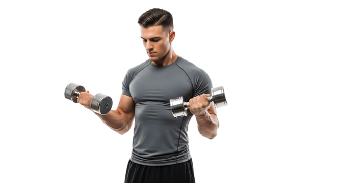 Focused man in a gray shirt lifting dumbbells against a black background, concentrating on building strength and fitness.