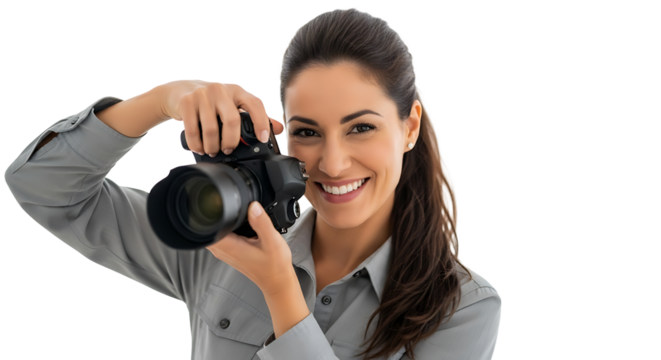 A cheerful photographer smiles as she expertly uses her camera, her passion shining through her eyes and her posture.