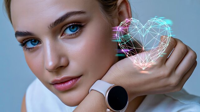 Woman wearing smartwatch with glowing digital heart hologram symbolizing health technology 
 - Powered by Adobe