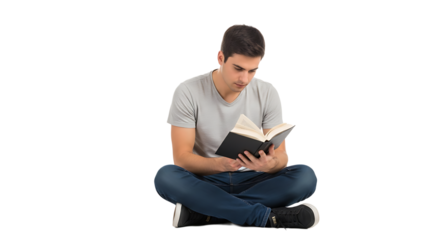 A young man sitting with crossed legs on the ground, engrossed in reading a book, illuminated by natural light.