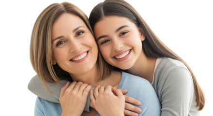 A heartfelt moment between a mother and her daughter, sealed with an affectionate embrace and shared beaming smiles.