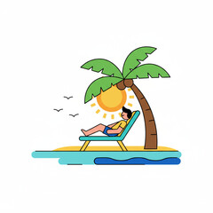 Flat vector illustration of a person relaxing in a chair under a palm tree on a tropical beach, enjoying the sun.