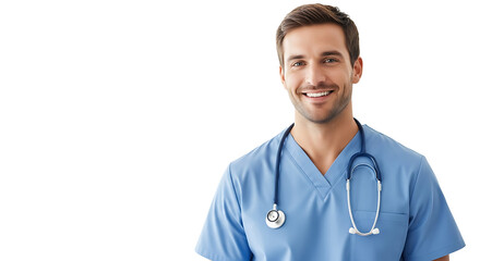 A smiling healthcare professional in a blue scrub suit with a stethoscope around his neck in a bright, professional setting.