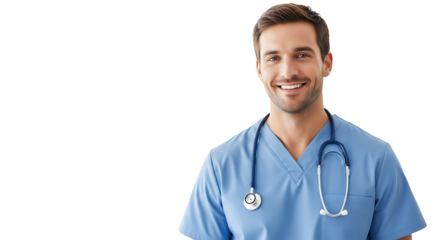 A smiling healthcare professional in a blue scrub suit with a stethoscope around his neck in a bright, professional setting.