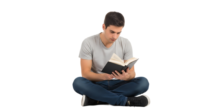 A young man sitting with crossed legs on the ground, engrossed in reading a book, illuminated by natural light.