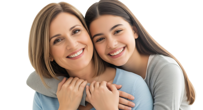 A heartfelt moment between a mother and her daughter, sealed with an affectionate embrace and shared beaming smiles.