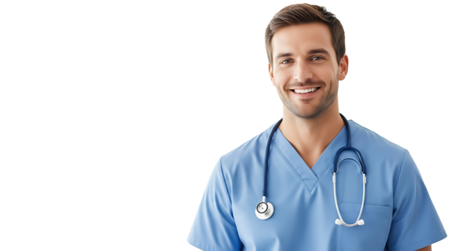 A smiling healthcare professional in a blue scrub suit with a stethoscope around his neck in a bright, professional setting.