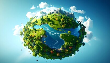 Miniature green landmass with waters against blue sky