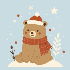 Niedliche Vektorillustration eines B&auml;ren mit Weihnachtsm&uuml;tze und Schal im Schnee. Warmes, festliches Motiv mit winterlicher Stimmung und sanften Farben &ndash; ideal f&uuml;r Weihnachtsdesigns.