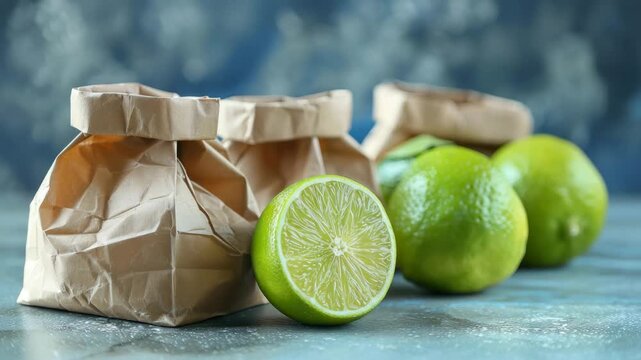 Fresh limes and brown paper bags arranged on a table in a bright kitchen setting