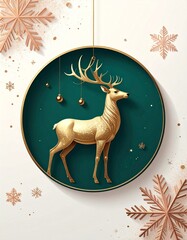 Golden reindeer ornament displayed with snowflake details on white.