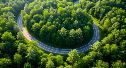 Aerial view of a road in a beautiful autumn forest at sunset, with trees displaying red and orange leaves. Stunning landscape from a flying drone in nature
