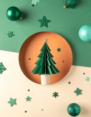 Green paper Christmas tree in a modern, festive flat lay design.
