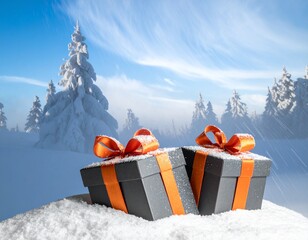 Two gifts sitting in snow under a blue winter sky outdoors.