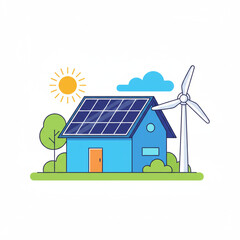 Flat vector illustration of a sustainable modern home powered by rooftop solar panels and a wind turbine in a sunny landscape