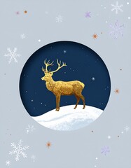 Gold reindeer stands in snow, against a dark blue winter background