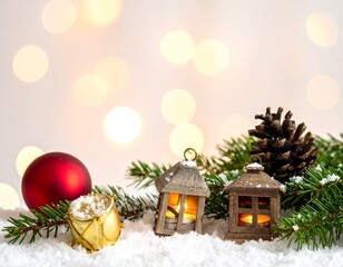 Close-up of Christmas ornaments on snow with festive bokeh lights.