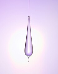 A single water drop hanging against a pale lavender background.
