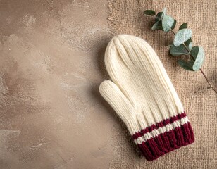 Knitted mitten with eucalyptus branch on beige textured surface.