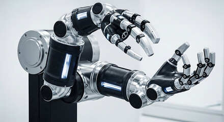 A close up of a robotic arm with two hands in a white background showing advanced technology ai generated
