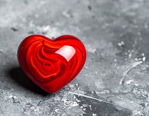 A red heart candy on gray texture with shallow depth conveys love.