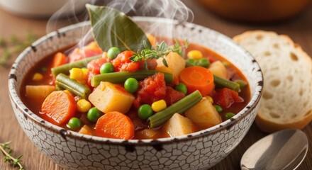 A bowl of vegetable soup with bread on a wooden table.