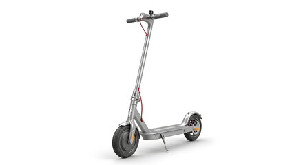 A silver electric scooter with red cables on a white background in a studio setting angled view ai generated