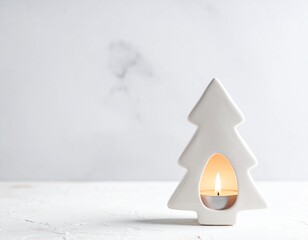 Christmas tree candle holder with warm light on white table.