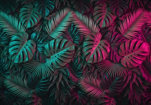 Moody neon tropical leaves background in teal and magenta light, monstera palm and fern foliage