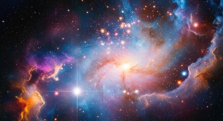 A vibrant, colorful nebula with stars and gas clouds in space.