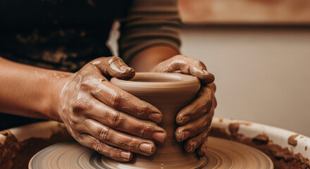 A person's hands shaping clay on a pottery wheel.