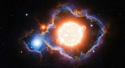A vibrant nebula with a central star and surrounding gas clouds in space.