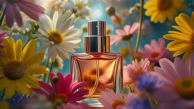 Beautiful floral setting with perfume bottle surrounded by colorful flowers in a sunny garden