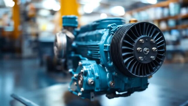 Close-up of a brand new industrial motor or generator on display at a factory, showcasing modern