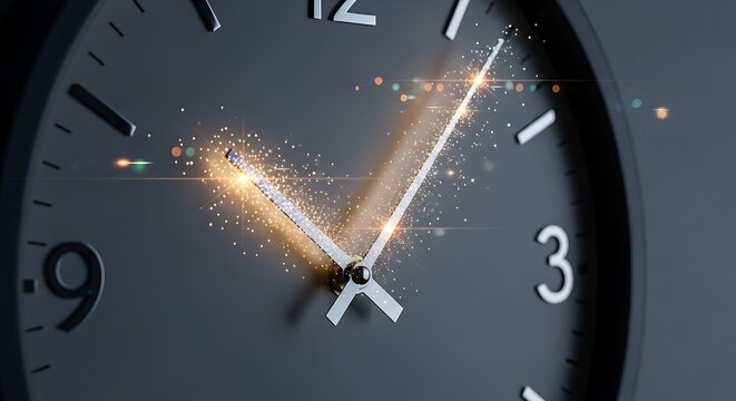 Closeup of a clock face with sparkling light trails emanating from the hands, symbolizing the passage of time and the magic of fleeting moments