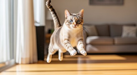 A cat in mid-air with a blurred background of a living room.